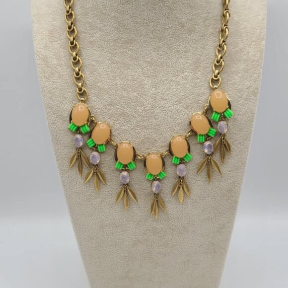 J Crew Peach Green Resin Gold Tone with Fringe Statement Necklace - Picture 9 of 10